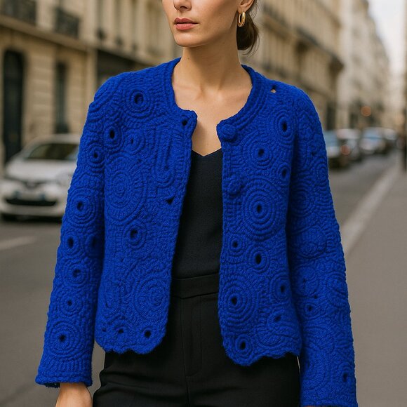 Royal Blue Couture Crochet Jacket – Handmade Luxury Designer Knitwear  Size L/XL - Picture 1 of 6